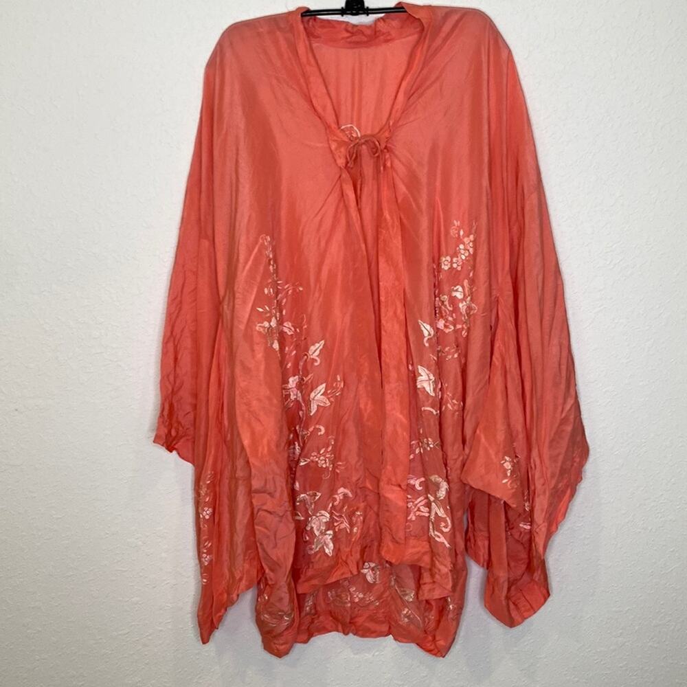 Vintage Coral Colored Embroidered Mid Length Kimono Silky Lightweight OS